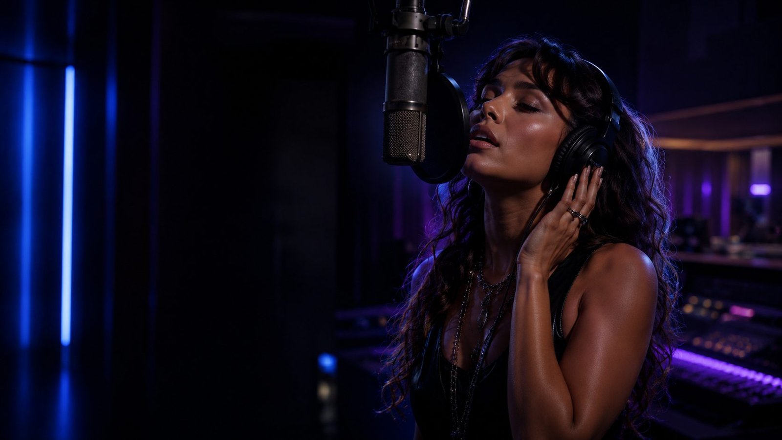 A vocalist recording in a professional studio
