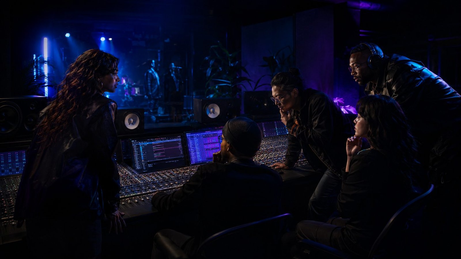 A diverse production team collaborating around a professional mixing console