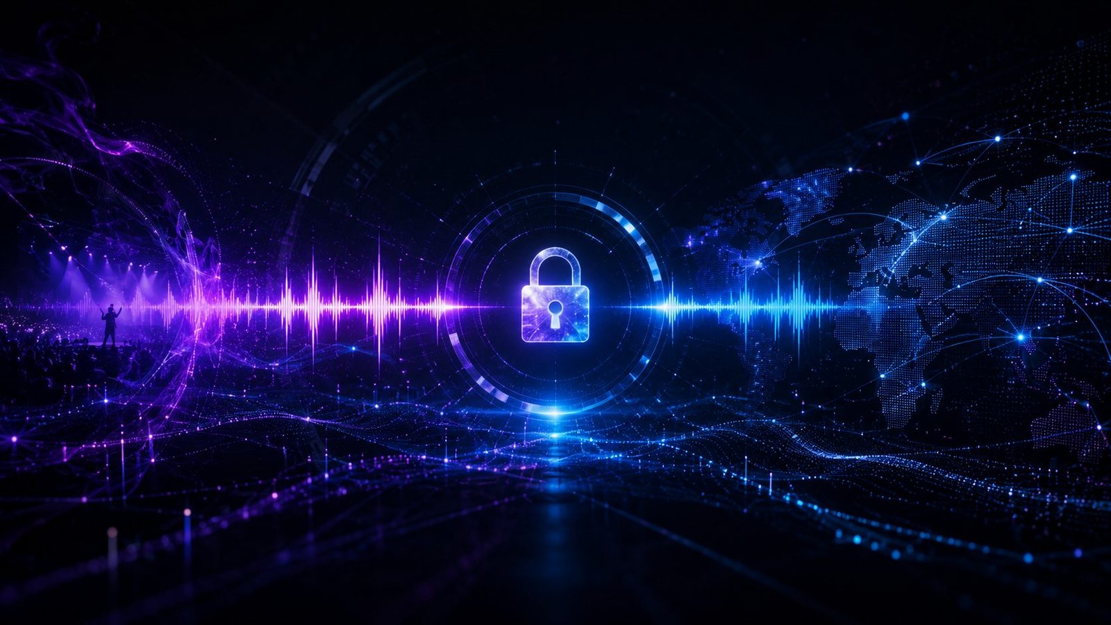 A global audio network visualization representing secure digital rights operations