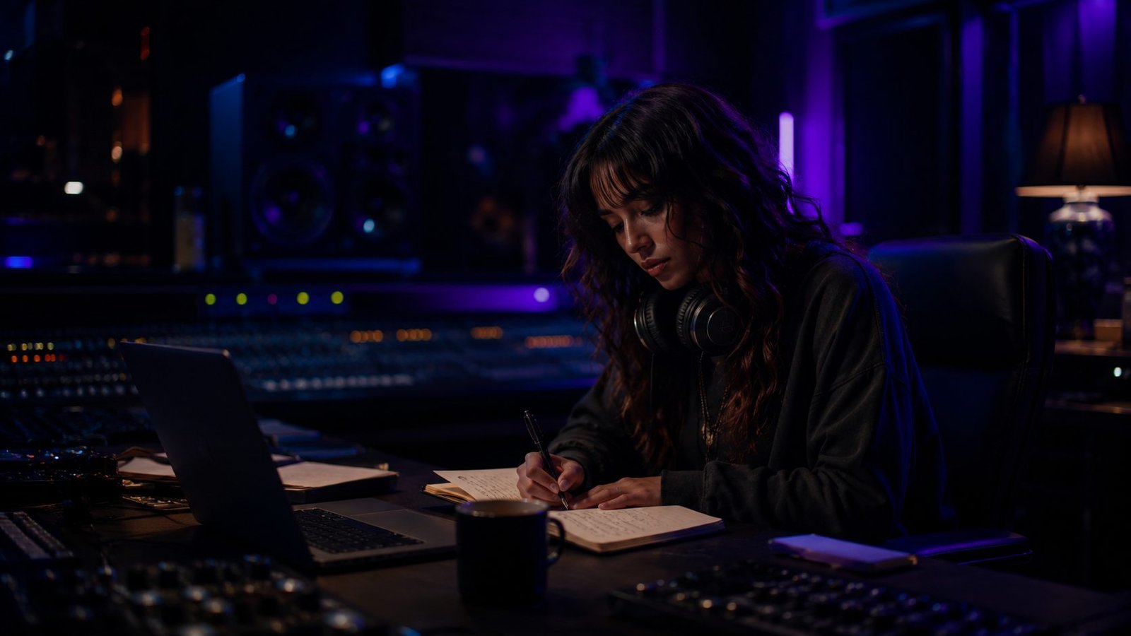 A songwriter developing lyrics inside a studio