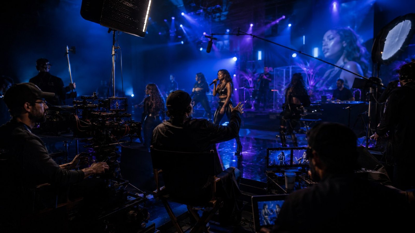 A director and camera crew working on a live music production set